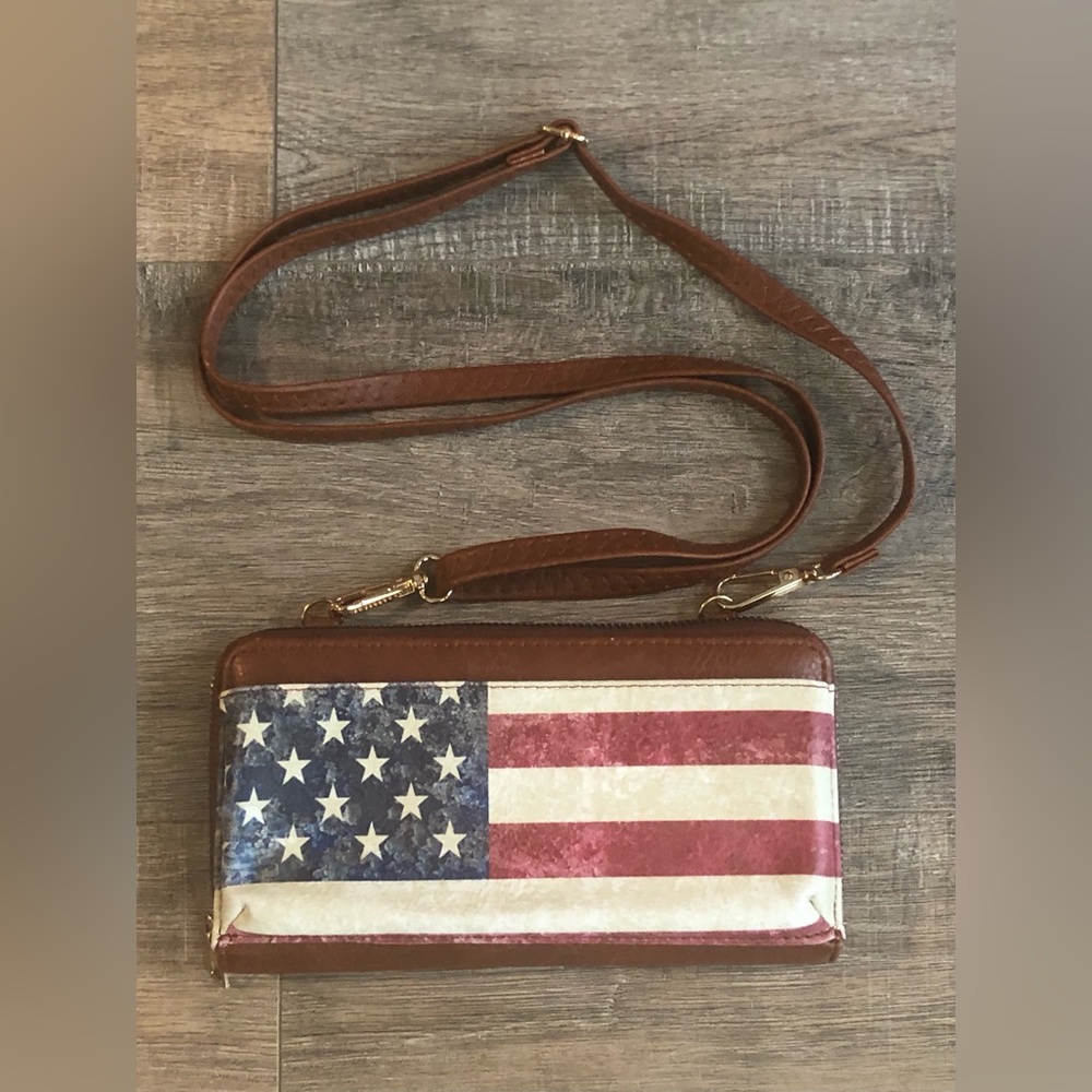 Brown Crossbody Wallet/Wristlet with American Flag Front Panel